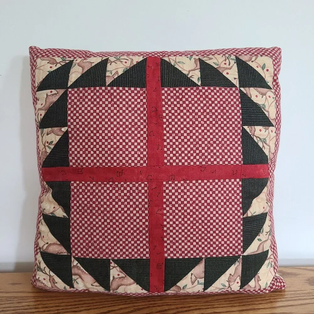 Vintage Christmas Holiday Accent Pillow Handmade Machine Stitch Christmas Fabric